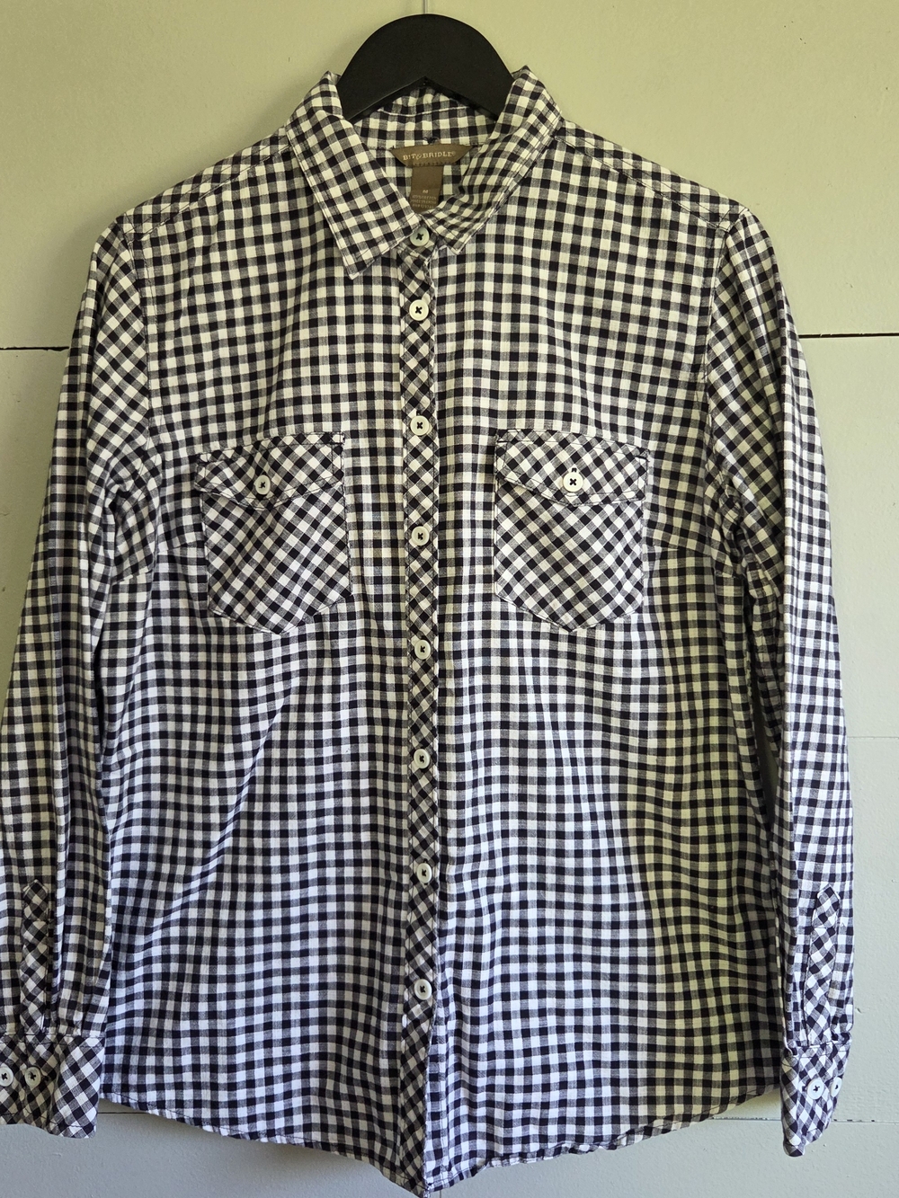 Bit & Bridle Black White Check Button-Up Shirt 100% Cotton Long Sleeve Women M